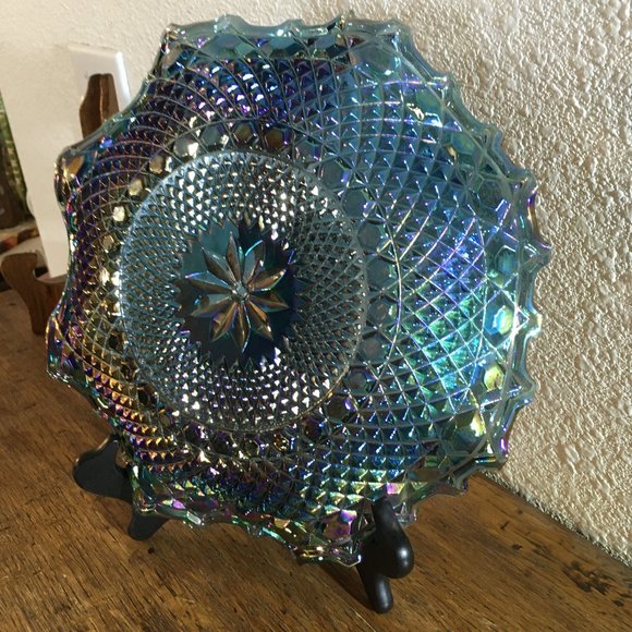 Vintage Blue Iridescent Ruffled Diamond Point Dessert Plate - Picture 3 of 9